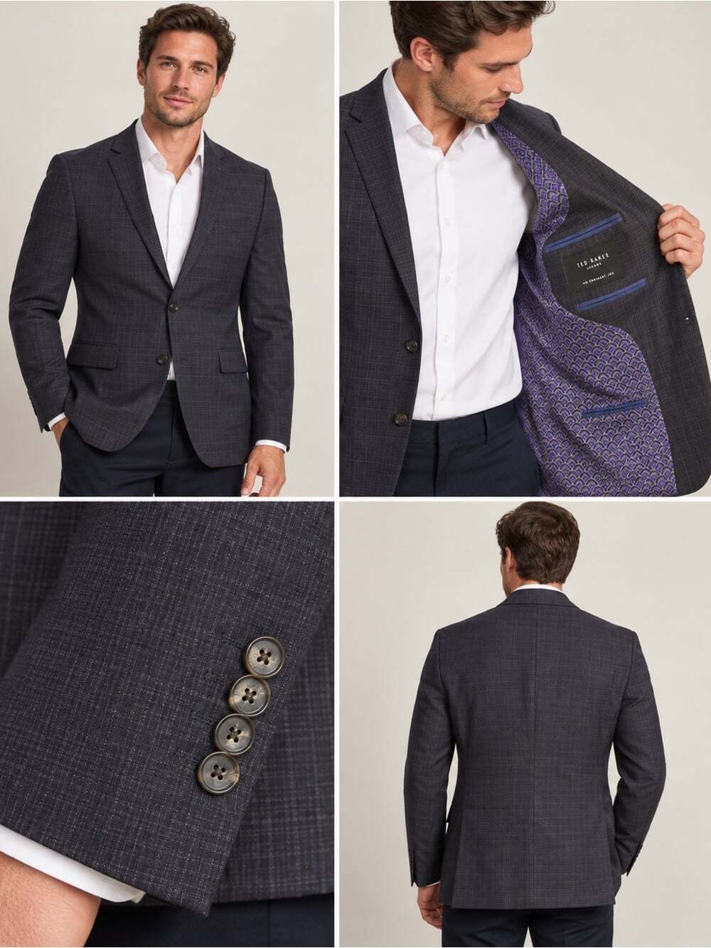 Ted Baker London Jake CT 100% Wool Blazer Size 44R Charcoal Check Purple Lining